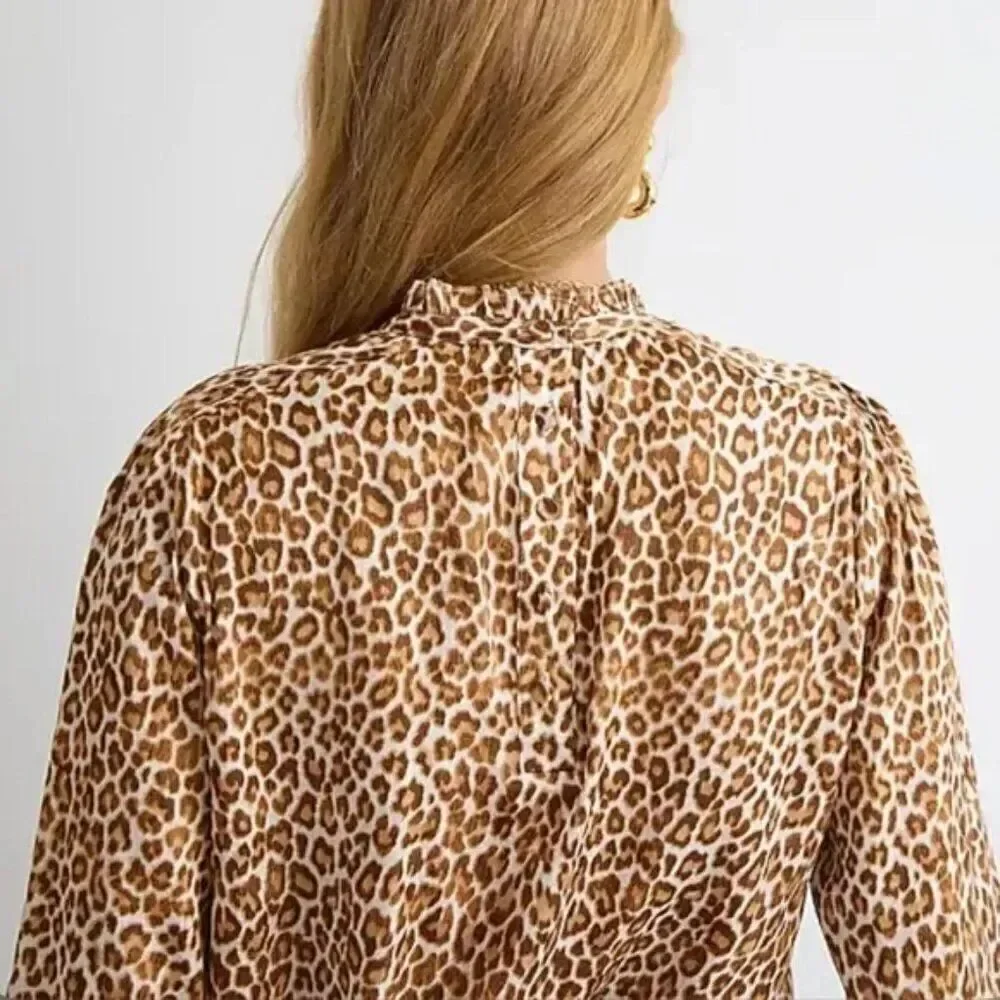 🌹 J. CREW 🌹 Ruffleneck Drapey Leopard Print Satin Blouse - [Size XS]
